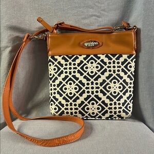 Spartina 449 Blue & White Canvas Crossbody Bag Purse w Orange Leather Trim